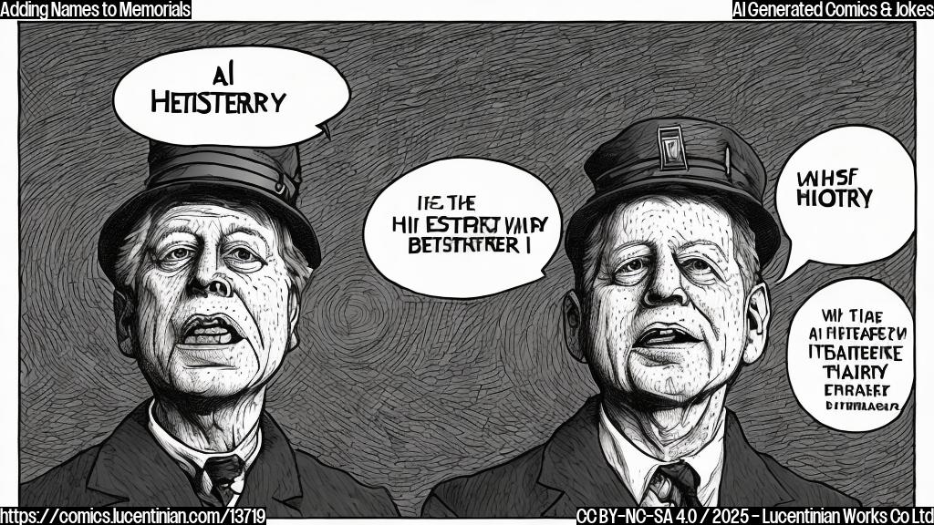 : A plain cartoon style image of a person wearing a "History" hat, with a shocked expression, standing in front of the Kennedy Center, surrounded by two speech bubbles. One bubble has the words "history..." written on it, and the other bubble has the words "...and also because I couldn't afford therapy!" written on it.