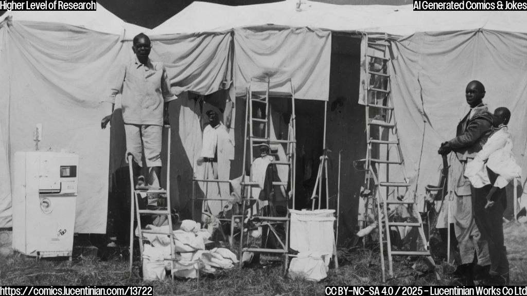 A Danish researcher standing on top of a ladder in front of a medical tent with African newborn babies inside, surrounded by vaccination equipment and medical staff