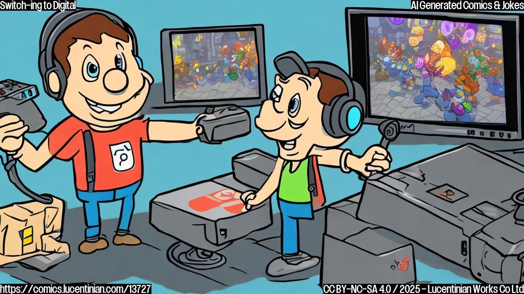Draw a plain color cartoon style picture of a person holding a ladder while buying a Nintendo Switch 2 console. The person should be wearing gaming gear, such as headphones and a controller, and have a big smile on their face as they stand in front of a digital storefront or a computer screen displaying available games.