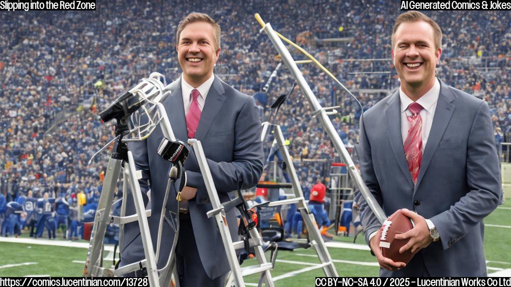 A smiling man in a suit holding a microphone stands on a football field, with a ladder behind him. The ladder has a NFL logo on it and has multiple levels leading up to the commentator's head.