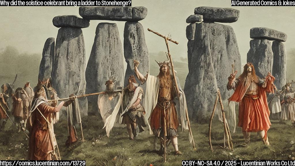 A person dressed as a druid, wearing a leafy crown and carrying a staff, standing in front of Stonehenge, with a ladder leaning against it in the background, surrounded by cheering crowds in ancient costumes.