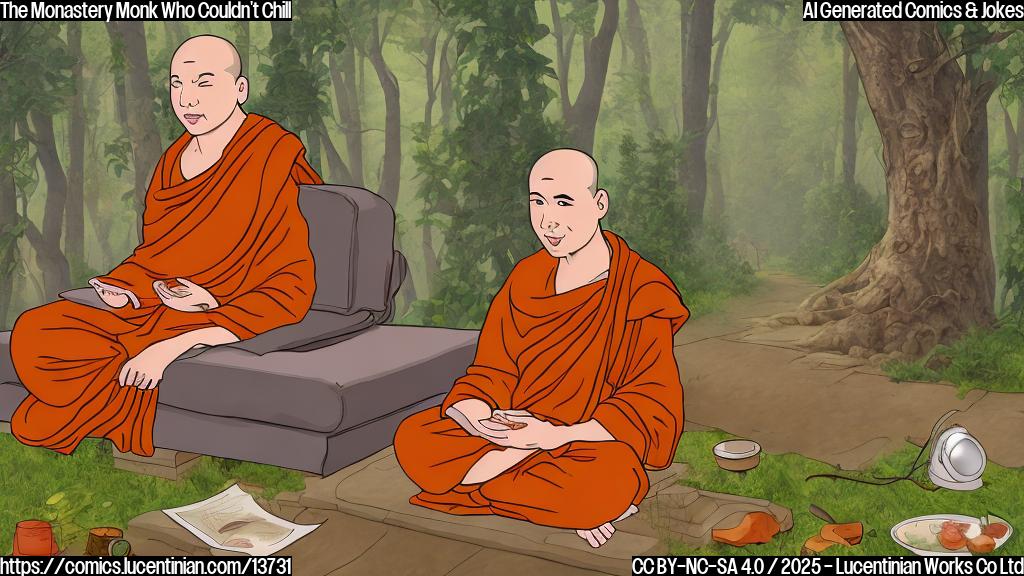 Describe a cartoon-style picture of a relaxed-looking monk (without any distinctive features) sitting on a couch with a "no noise allowed" sign nearby, surrounded by peaceful forest scenery.