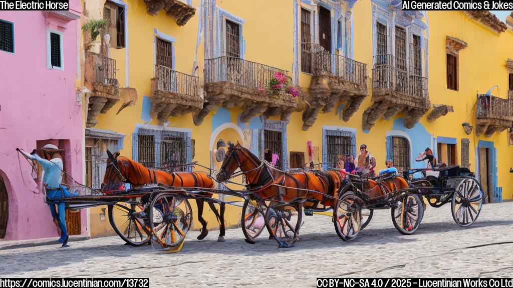 Illustrate a classic horse-drawn buggy with an electric motor replacing its horses, set against the colorful backdrop of Cartagena's historic center with thick stone walls and colonial architecture. The buggy should be smiling or have a playful expression to match the pun in the joke.