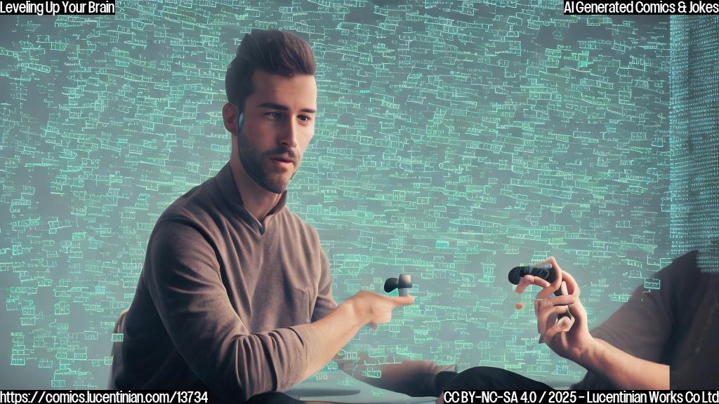 A person sitting in front of a computer, with a controller in one hand and a thought bubble above their head, surrounded by lines of code and puzzle pieces.