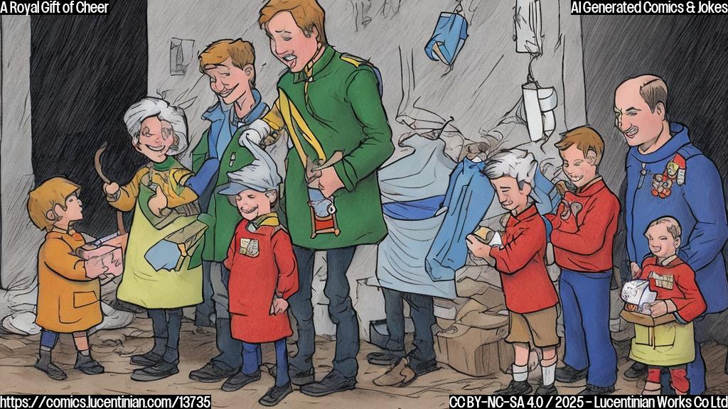 Draw a plain color cartoon style picture of a smiling Prince William and his son George wearing matching volunteer aprons, standing in front of a homeless shelter with a warm fire crackling inside, surrounded by happy faces of people receiving gifts from the royal couple.