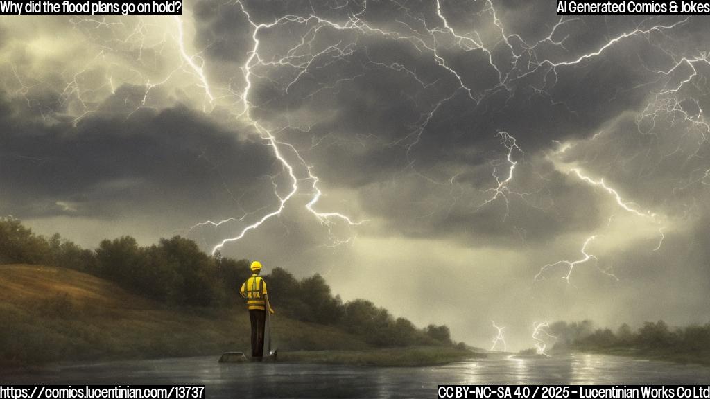 A large, gray cloud with lightning bolts and a dark sky, a blue-green river overflowing its banks, a person in a yellow hard hat standing on the riverbank, holding a shovel and looking frustrated.