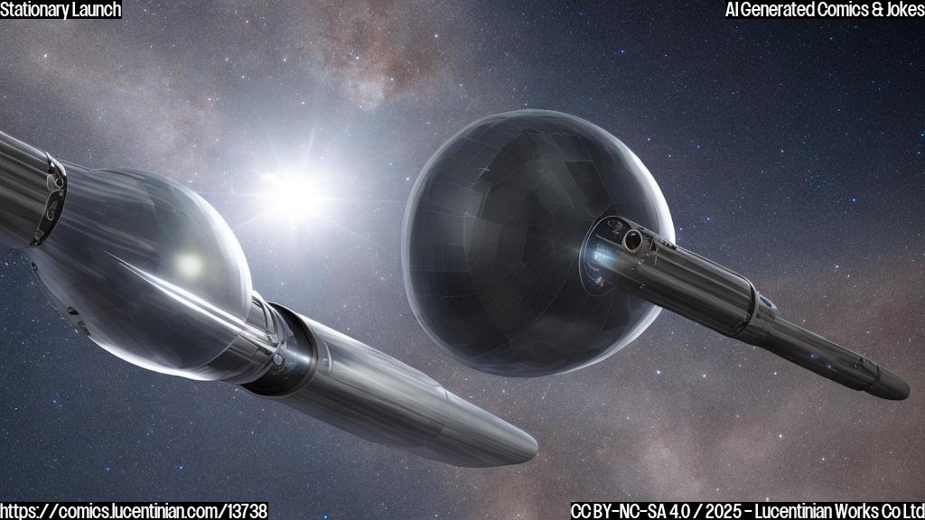 A sleek, silver, cylindrical spacecraft with solar panels and a small, transparent dome, floating in space surrounded by stars.