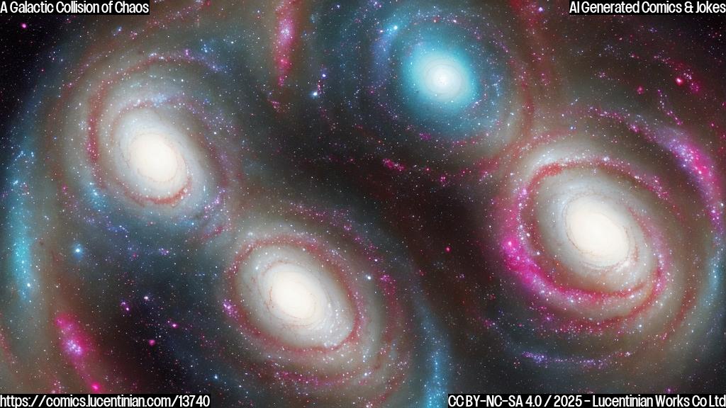 Illustrate a cartoon-style picture of two spiral galaxies with overlapping spiral arms, bent towards each other like they're in mid-collision. The galaxies should be depicted as colorful, swirling clouds of stars and gas, with hints of cosmic debris and radiation. Include some subtle background elements to represent the gravitational pull and chaos of their collision.