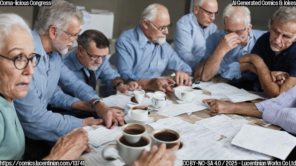a group of older adults with tired expressions and worn-out suits sitting in a crowded office room, surrounded by papers and empty coffee cups, with one of them leaning forward on an armrest
