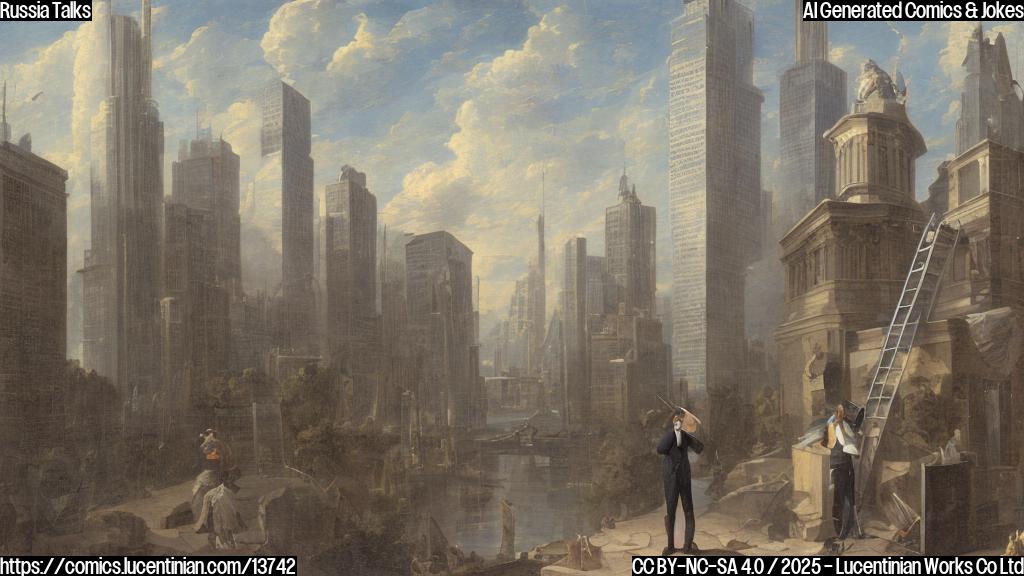 A diplomatic figure with a briefcase and a ladder stands in front of a building, while another figure with a notebook and pen looks on from behind the window. The background is a cityscape with a clear blue sky.