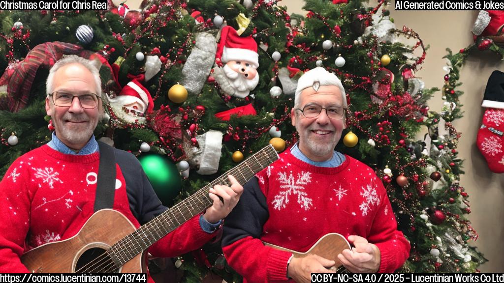 A middle-aged man with a kind face and a guitar slung over his shoulder, standing in front of a decorated Christmas tree. He is wearing a festive sweater and has a nostalgic expression on his face.