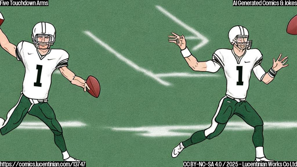 A cartoon of a quarterback with five long, muscular arms, each one ending in a football passing through the air, while the rest of his body remains normal. The background is a simple green field with a large stadium on it.