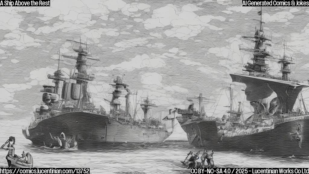 Illustrate a cartoon-style picture of a large, powerful warship with a therapist in the background, looking concerned. The warship should have a thought bubble above its hull with the phrase "weight on my shoulders" written in speech bubbles.