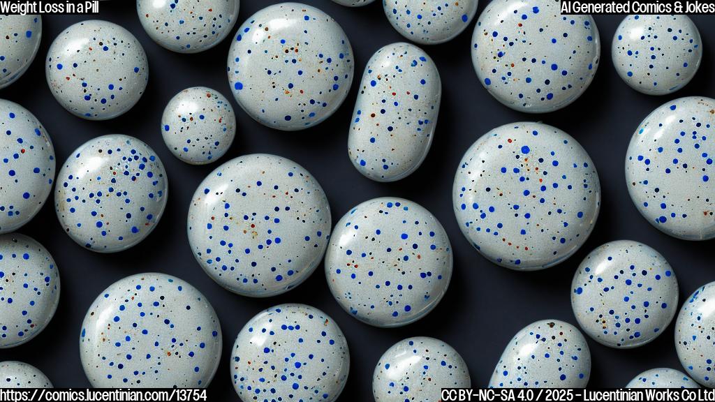 A cluster of three small, blue pills with white speckles on a white background, surrounded by faint lines that resemble the curves of a pill bottle. One of the pills is slightly larger than the others, with an expression of concern on its face.