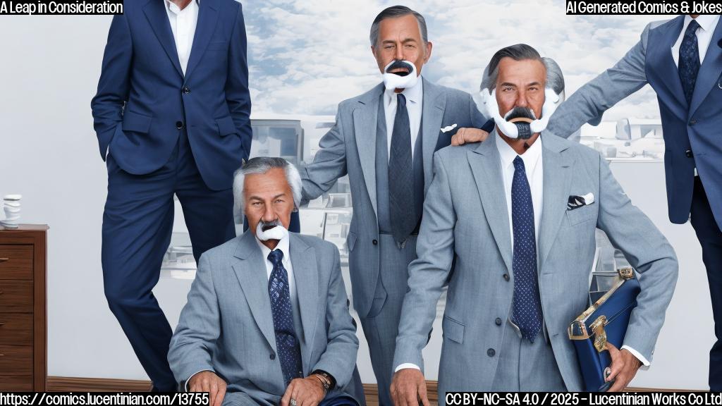 A wealthy businessman with a mustache, wearing a suit and holding a briefcase, standing next to his father, an elderly man with a similar mustache, also wearing a suit. The background is a subtle gradient of blues, representing the calmness of a business deal.