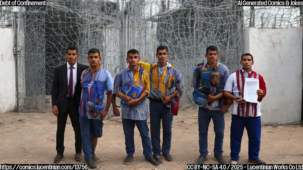 Describe two men in traditional Venezuelan clothing, wearing worn-out suits and holding backpacks with a mix of official documents and makeshift payment receipts. They are standing in front of a large, imposing prison gate, looking worried and defeated.