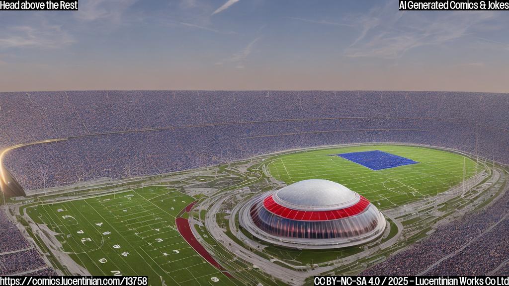 A domed football stadium with a large dome and open fields in the background, surrounded by Kansas prairies. The stadium has a bold blue and red color scheme with golden accents.