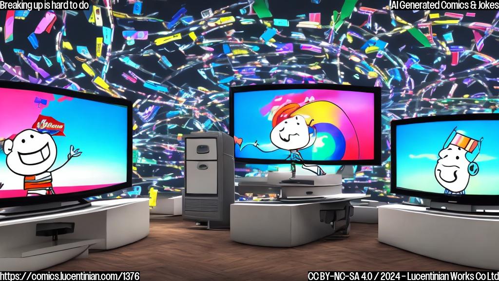 A cartoon of two smiling TV screens with a broken cord between them, surrounded by scattered cable boxes and a faint image of a corporate logo in the background.