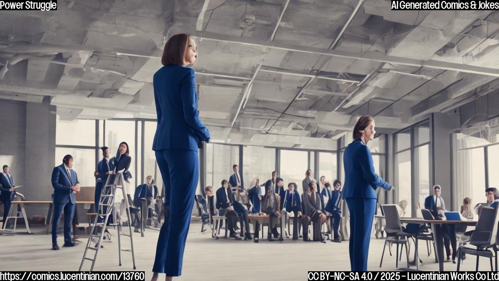 a powerful woman with a suit standing on a ladder in front of a conference table, surrounded by other executives looking at her with a mix of curiosity and amusement