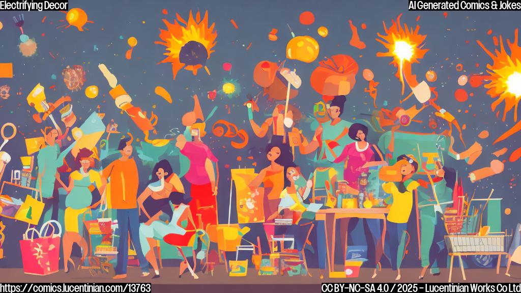 A stylized cartoon of a group of diverse, enthusiastic people (including one person holding a shopping bag with various sauces and condiments) surrounded by colorful home decor items and furniture, with energetic sparks flying around them.