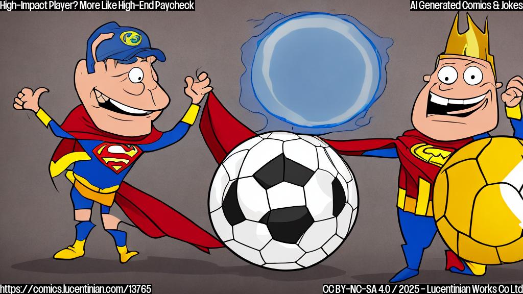 A cartoon of a smiling dollar sign with a superhero cape, standing on top of a soccer ball, with a thought bubble above its head showing a salary cap with a giant X marked through it. The dollar sign's cape has a subtle design resembling the NWSL logo.