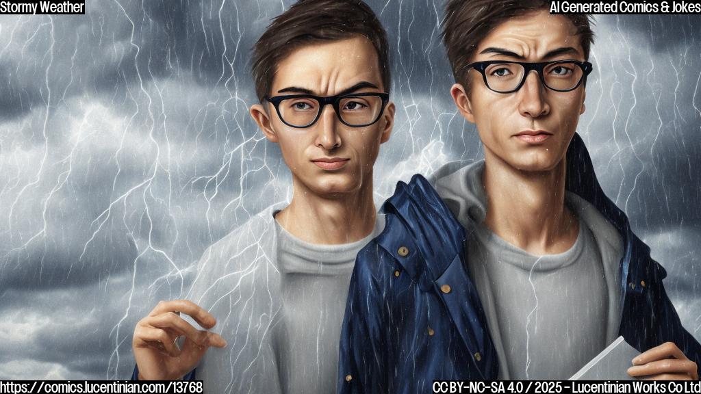 A cartoon-style image of a person wearing glasses and a raincoat, with a stormy sky in the background. The person is holding a calendar with a bunch of gray clouds on it, while having a sad expression on their face.