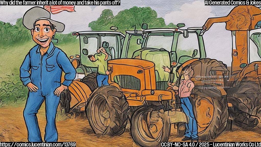 Draw a cartoon of a smiling farmer with two pairs of pants, one with a hole in it, standing next to a large pile of money and a tractor. The farmer is wearing a relieved expression on their face.