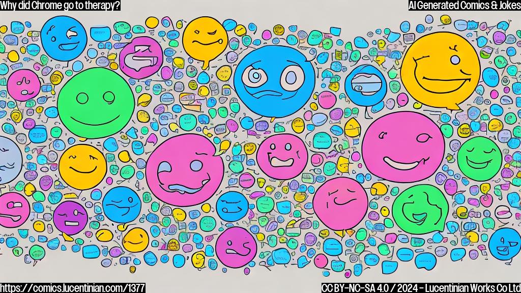 Draw a cartoon-style image of a smiling, talking computer browser with a therapist in the background, surrounded by thoughts bubbles and a few search results on the screen.