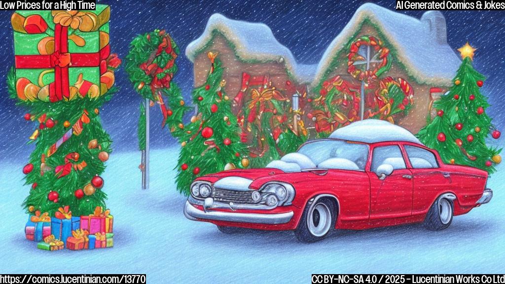 Draw a plain color cartoon style picture of a smiling car with a fuel pump in the background, surrounded by holiday decorations such as lights, garlands, and a Christmas tree. The car should be depicted with a relieved expression, and its gas tank should be full to the top.