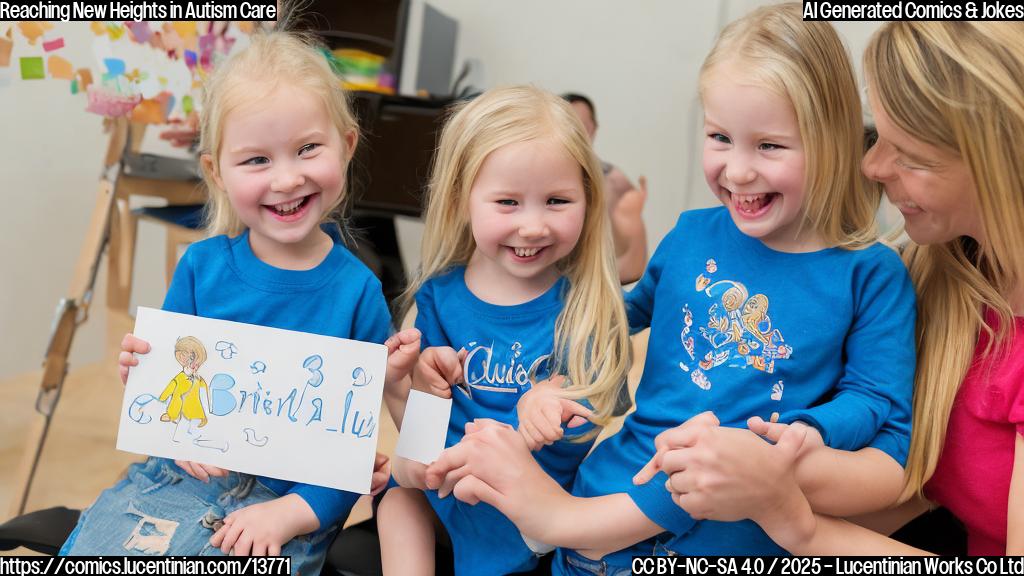 Draw a simple cartoon of a 3-year-old girl with blonde hair sitting on an adult's lap, both wearing blue clothes. The girl is holding up a classmate's name card with a big smile and the adult has a ladder behind them. Aubreigh should be gesturing excitedly, emphasizing her potential.