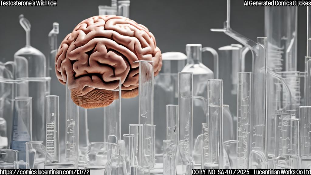 A brain hormone in a lab at Harvard, surrounded by beakers and test tubes, with a cast on its arm, looking puzzled.