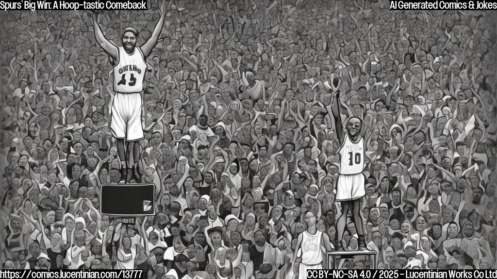 A cartoon style image of a basketball player standing on top of a step ladder, with a big smile and a confident expression, surrounded by hoop-related elements like basketballs, hoops, and cheering crowds.