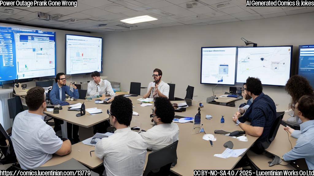 A group of frazzled, bespectacled individuals sitting in a conference room, surrounded by screens displaying error messages and circuit diagrams, with one person holding a whiteboard marker