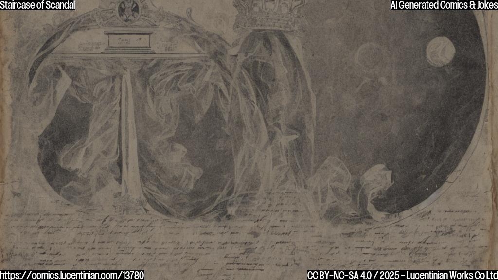 A group of sealed, encrypted documents on a staircase leading to darkness and scandal, with a faint image of a crown in the distance