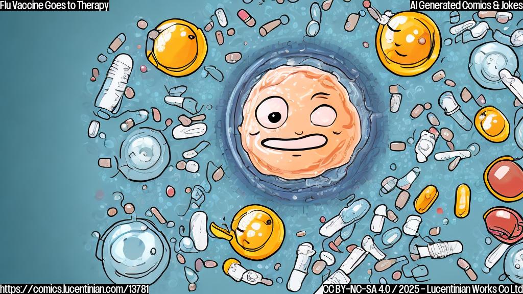 A cartoon style image of a smiling pill with a thought bubble, surrounded by tiny flu viruses and medical equipment, with a therapist's couch in the background. The pill is holding a small notebook and pen, looking concerned.