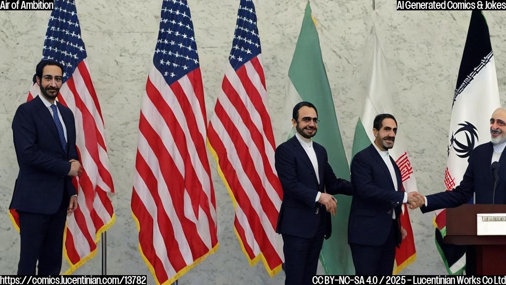 Two diplomats, one from Iran, with a tall hat and a briefcase, standing next to each other in front of a UN podium, with an American flag on the table behind them. The diplomat from Iran is wearing a suit with a long coat, while the American diplomat has a shorter suit. Both are smiling at each other as they shake hands.