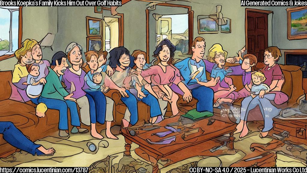 Draw a plain color cartoon style picture of a family gathered in a living room with one member sitting on the couch, holding a golf club and looking sad, surrounded by angry family members.