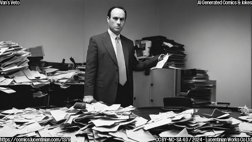 A stern-looking politician with a receding hairline, wearing a suit and tie, standing behind a desk with a serious expression, while a pile of papers and files are scattered on the floor around him. The politician's face is contorted in a mix of frustration and determination.