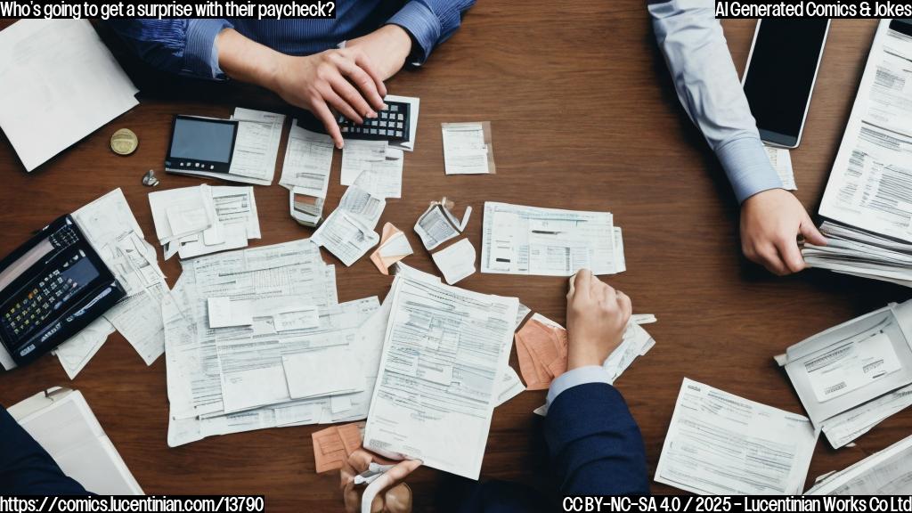 A person sitting at a desk with stacks of paperwork and a worried expression, surrounded by calculators and financial documents. The person is holding a paycheck with a surprised look on their face.