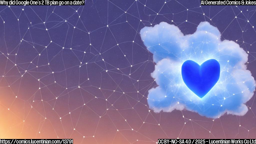 A smiling blue cloud with a heart and two tiny stars in the background, surrounded by a faint grid pattern representing data storage.