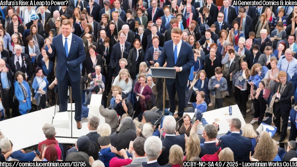 A conservative candidate with a strong party background, wearing a suit and holding a briefcase, standing in front of a large crowd with a podium in the background. The crowd is diverse, with people from different age groups and professions.