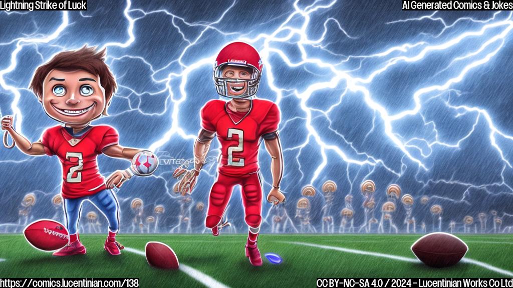 Draw a plain color cartoon style picture of a smiling football player holding an open umbrella, with lightning bolts in the background, and a stadium clock showing 20 seconds left on the screen. The stadium should be dimly lit due to the stormy weather, but the player should be shining bright with excitement.