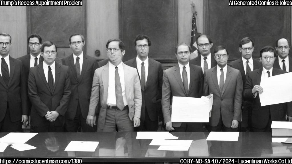 A group of stern-looking lawmakers with glasses and suits are standing in front of a large wooden table, looking at a piece of paper with a red pen crossed through it. One of them has a concerned expression on their face.