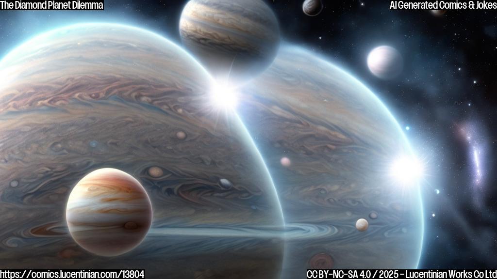 A large, Jupiter-size world with a thick atmosphere containing both diamonds and soot floats in space. The atmosphere is composed of tiny particles that scatter light and give off a faint glow.