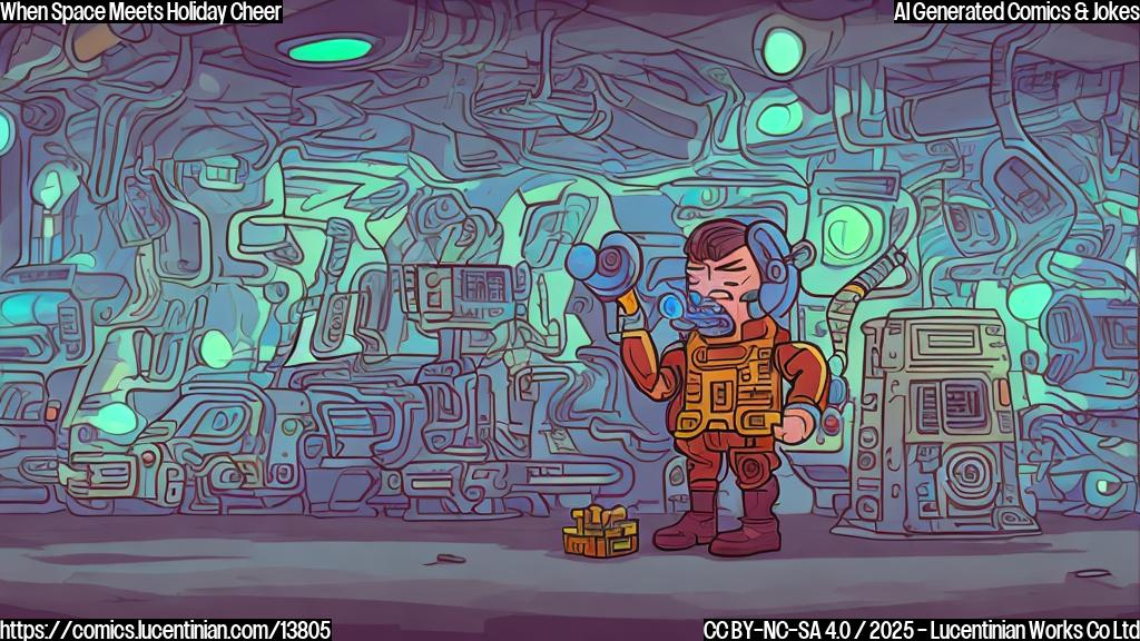 Draw a cartoon style image of an intergalactic bounty hunter standing in front of a spaceship with a sad face, surrounded by broken circuit boards and a Christmas tree in the background. The bounty hunter should be holding a power tool to fix the ship's battery drain.