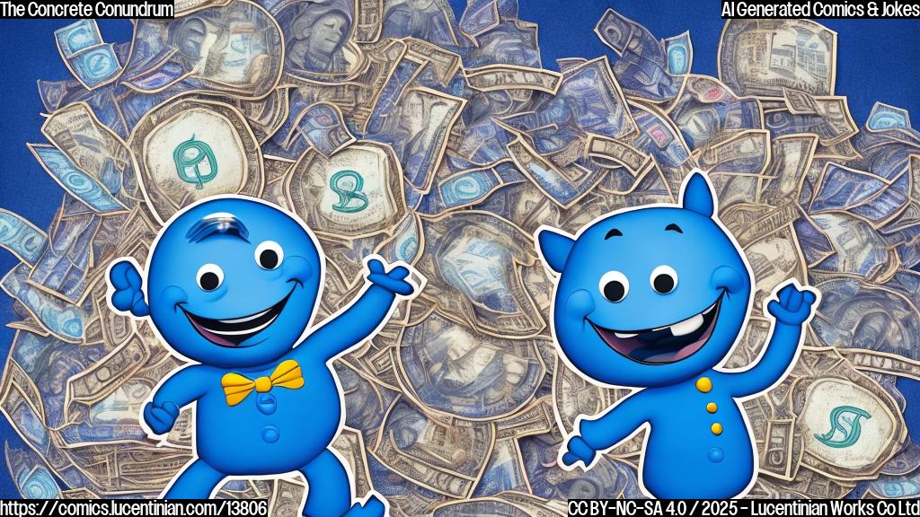 A cartoon-style image of a smiling blue character with a shocked expression, surrounded by giant dollar signs and a cityscape background, with a small, defeated-looking blue figure in the foreground, holding a tiny "ash" symbol.