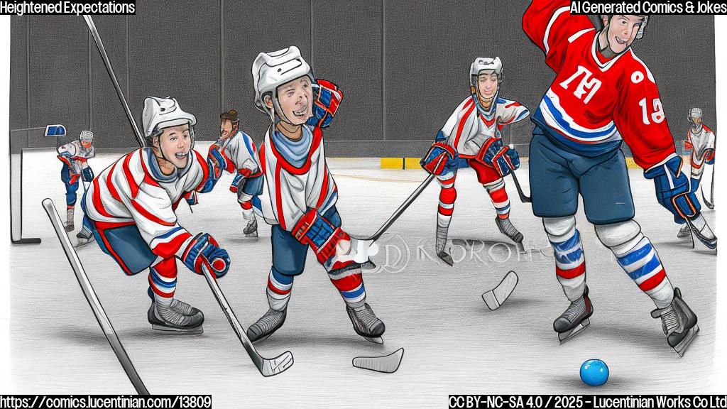 Draw a cartoon of an ice hockey player standing on top of a stepladder, holding a hockey stick and wearing a determined expression, with a hockey puck floating above their head.
The Stepladder should be on the blue ice rink, and the player's skates should be visible in the background. The whole scene should be set in front of an American flag waving in the background.