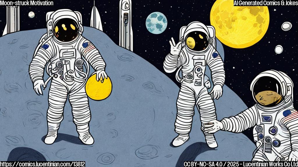 Draw a cartoon style picture of an astronaut wearing a sleek space suit with a bright, cheerful expression on their face, standing in front of a large, glowing full moon. The space suit should have a subtle spark or glow effect to represent the "moon-tastic" motivation.