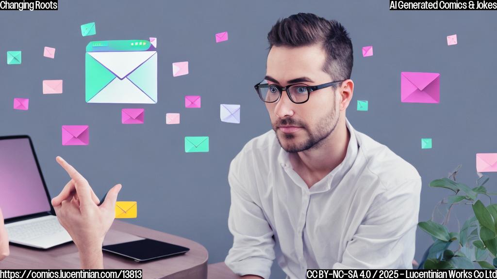 A person sitting in front of a computer, with a confused expression on their face. They have a piece of paper with an old Gmail address written on it, next to the computer screen displaying a " Change Email" option. The background is a simple, pastel-colored wall with a few plants and a window with a blurred cityscape outside.