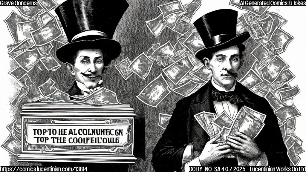 A mysterious figure wearing a veil and holding a top hat, surrounded by stacks of cash and a cryptic coffin with a warning sign that says " Grave concerns".